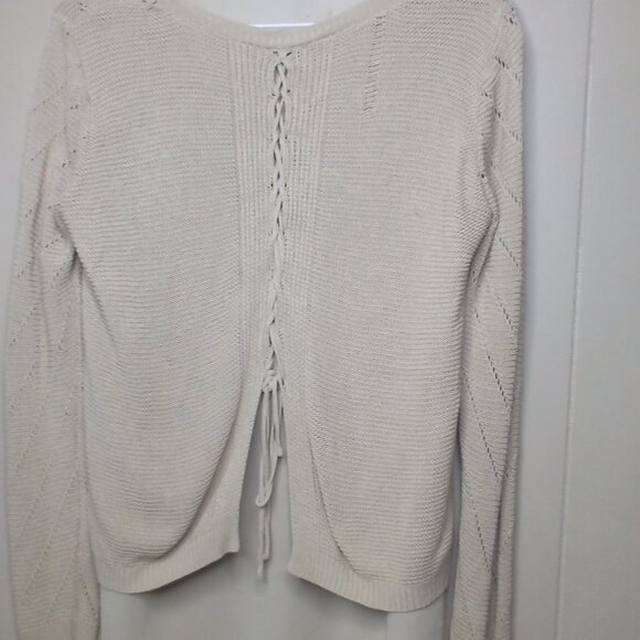 Sioni Blouse Sweater M Long Sleeve Open Knit Back Lace Up Lined Tan - Picture 5 of 13